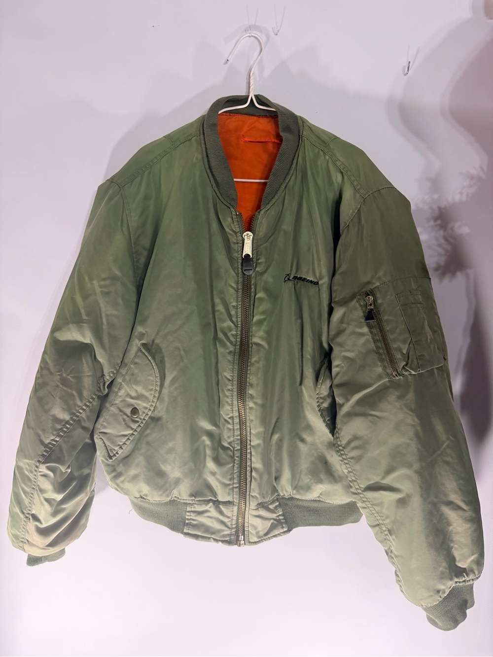 Olive Green Bomber Jacket with Orange Lining